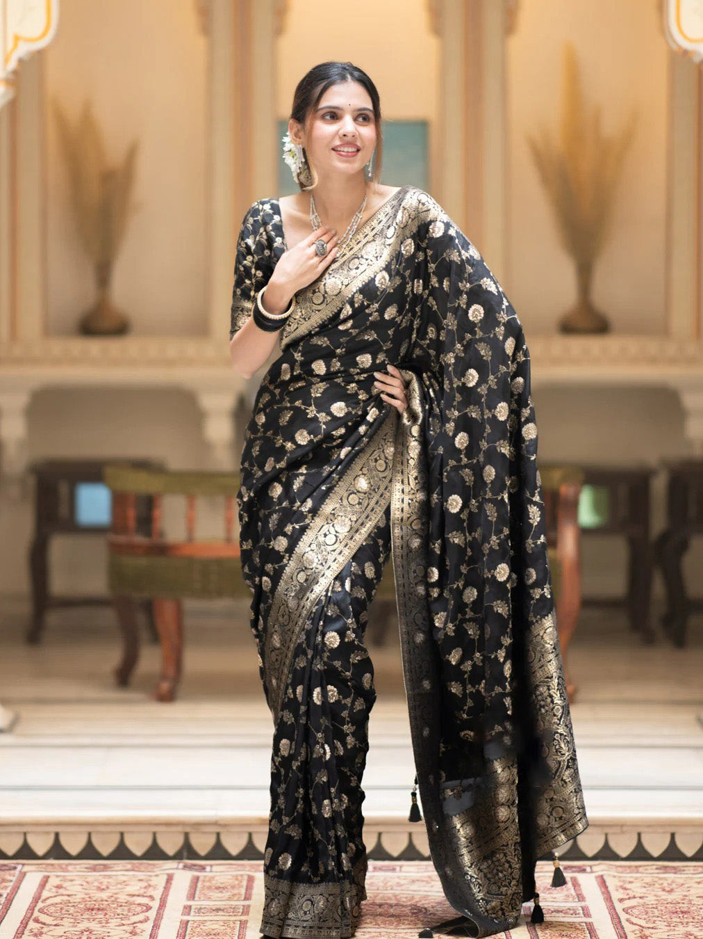 Fairytale Black Soft Silk Saree With Jazzy Blouse Piece