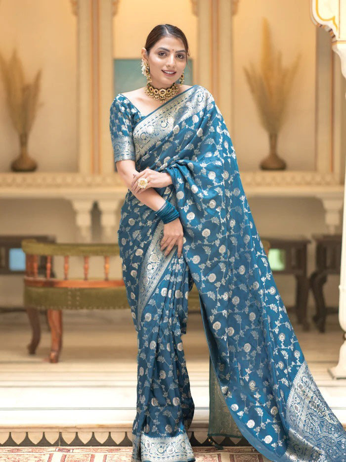 Assemblage Firozi Soft Silk Saree With Sophisticated Blouse Piece