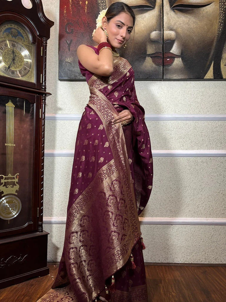 Extraordinary Wine Soft Silk Saree With Seraglio Blouse Piece