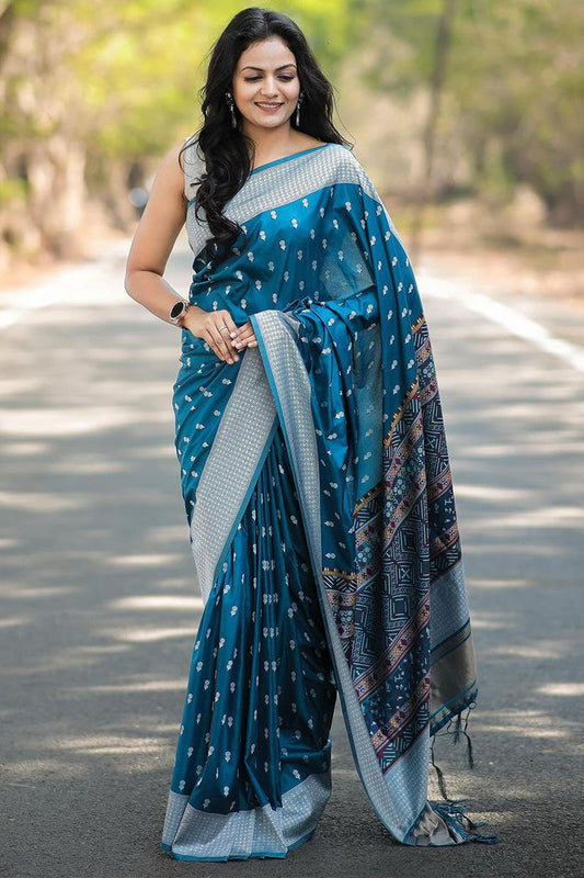 Adoring Teal Blue Cotton Silk Saree With Divine Blouse Piece