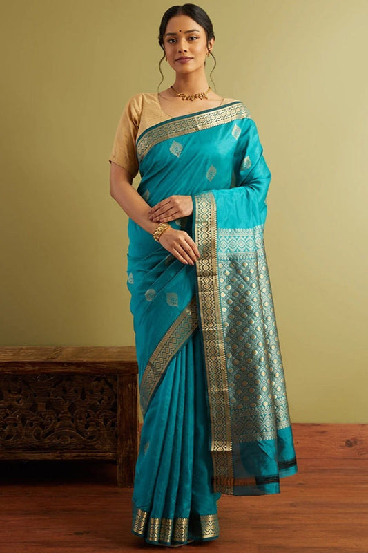 Alluring Firozi Soft Silk Saree With Classy Blouse Piece