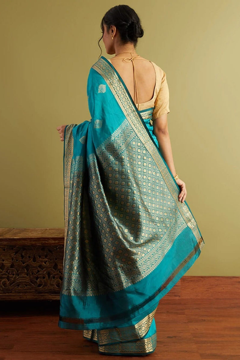 Alluring Firozi Soft Silk Saree With Classy Blouse Piece