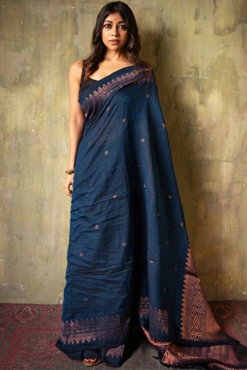 Angelic Navy Blue Soft Silk Saree With Assemblage Blouse Piece