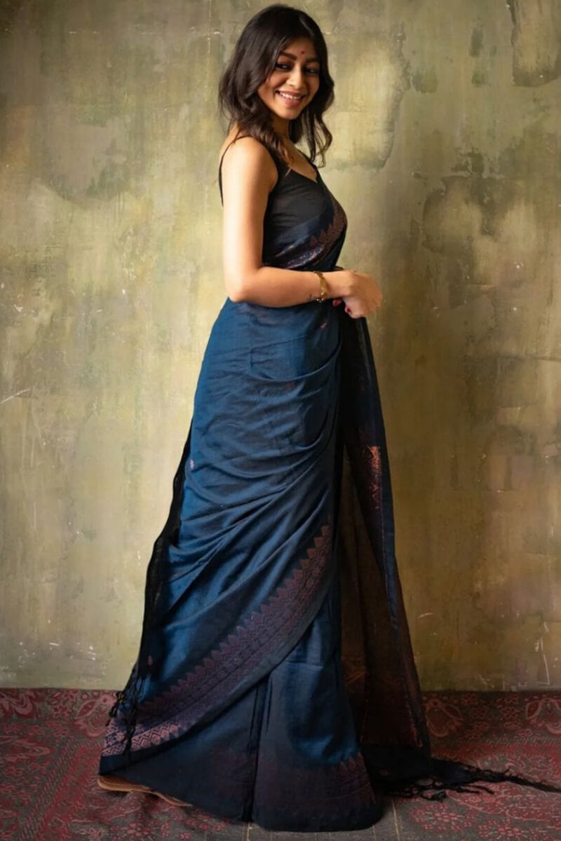 Angelic Navy Blue Soft Silk Saree With Assemblage Blouse Piece