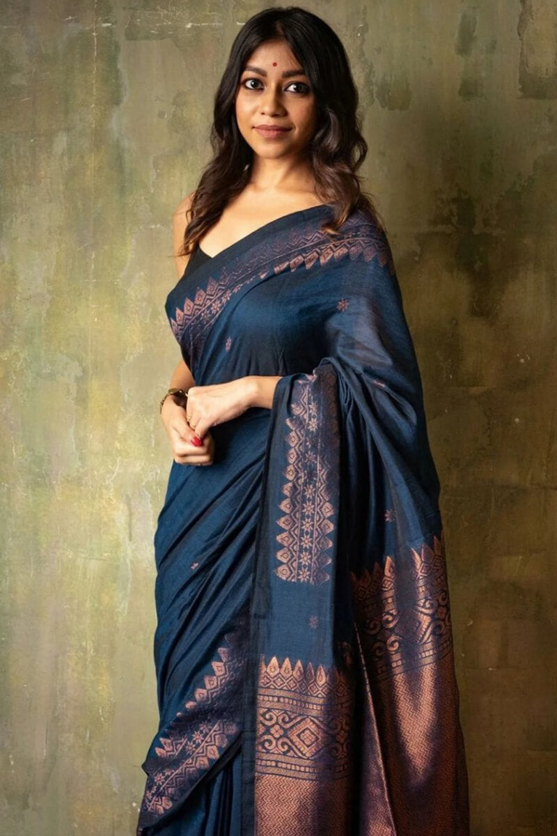 Angelic Navy Blue Soft Silk Saree With Assemblage Blouse Piece