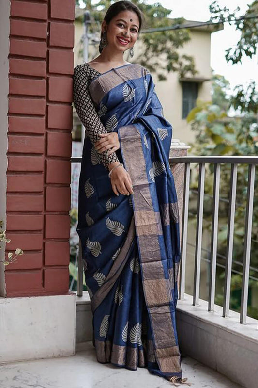 Beautiful Navy Blue Linen Silk Saree With Adorning Blouse Piece