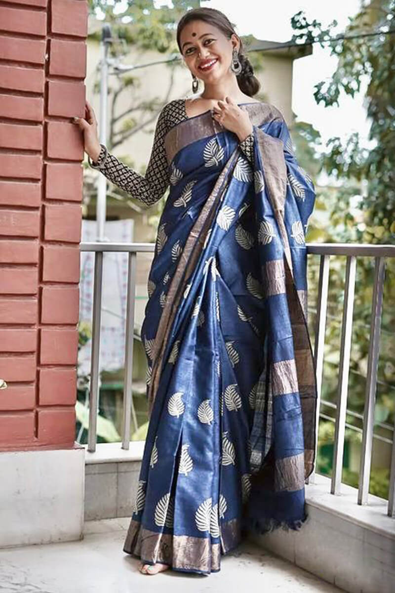 Beautiful Navy Blue Linen Silk Saree With Adorning Blouse Piece