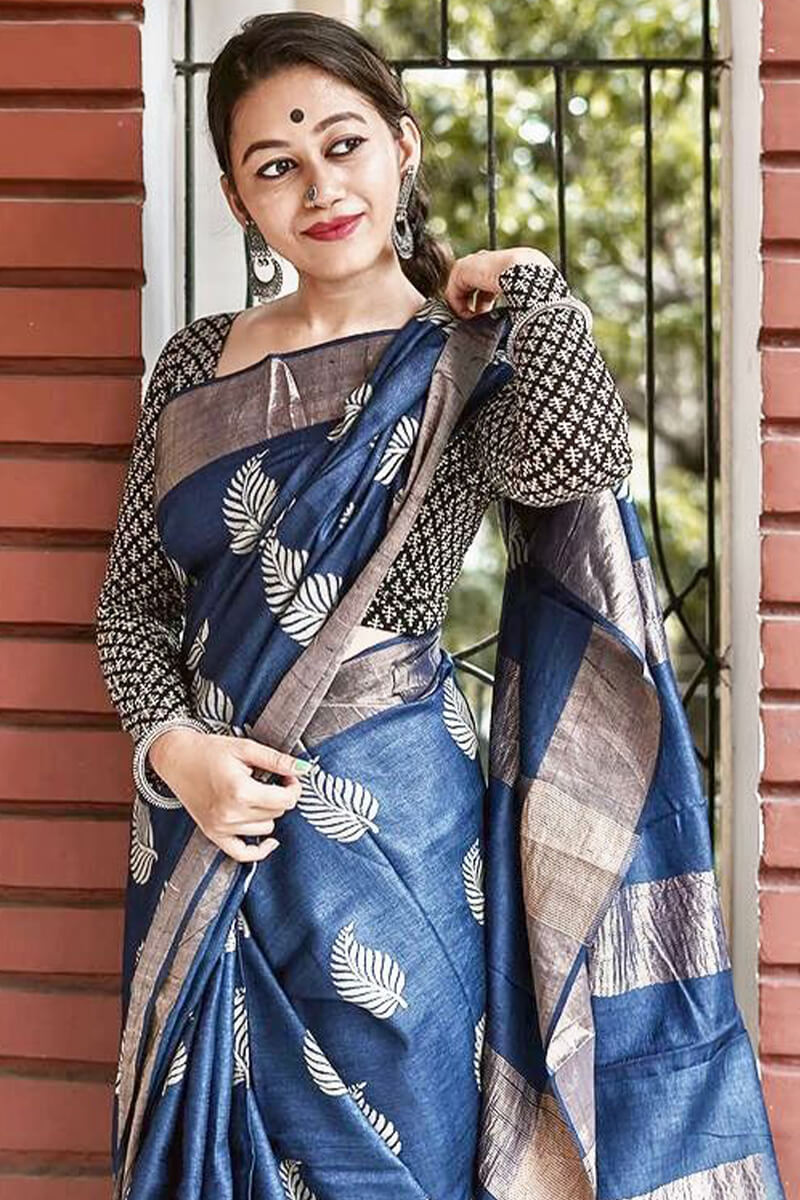 Beautiful Navy Blue Linen Silk Saree With Adorning Blouse Piece