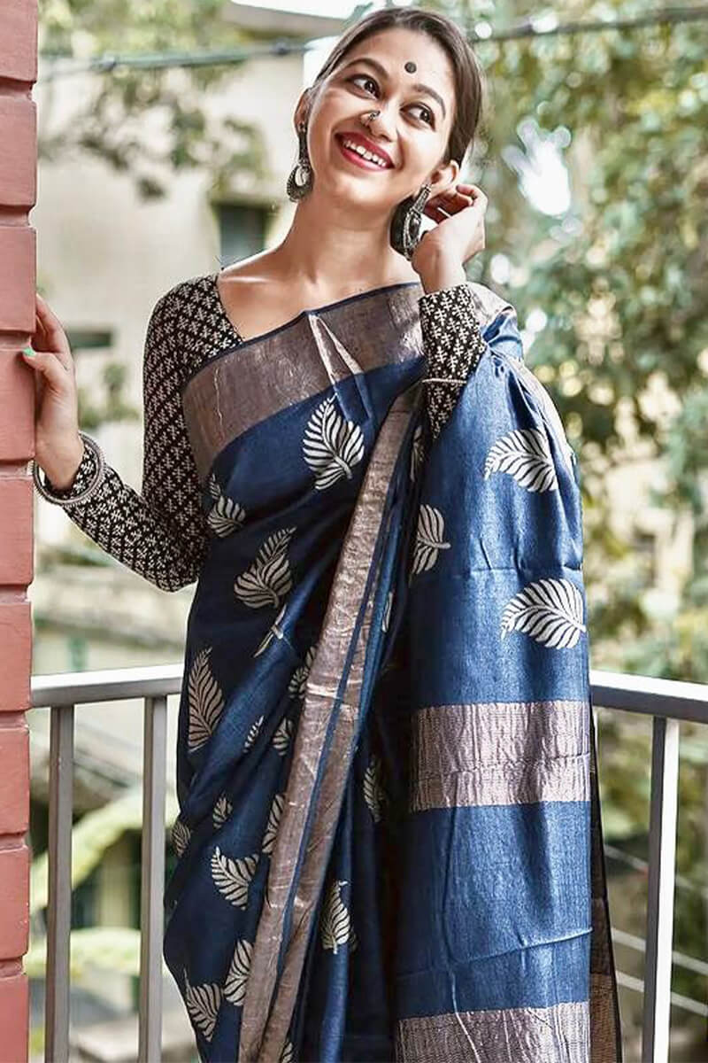 Beautiful Navy Blue Linen Silk Saree With Adorning Blouse Piece