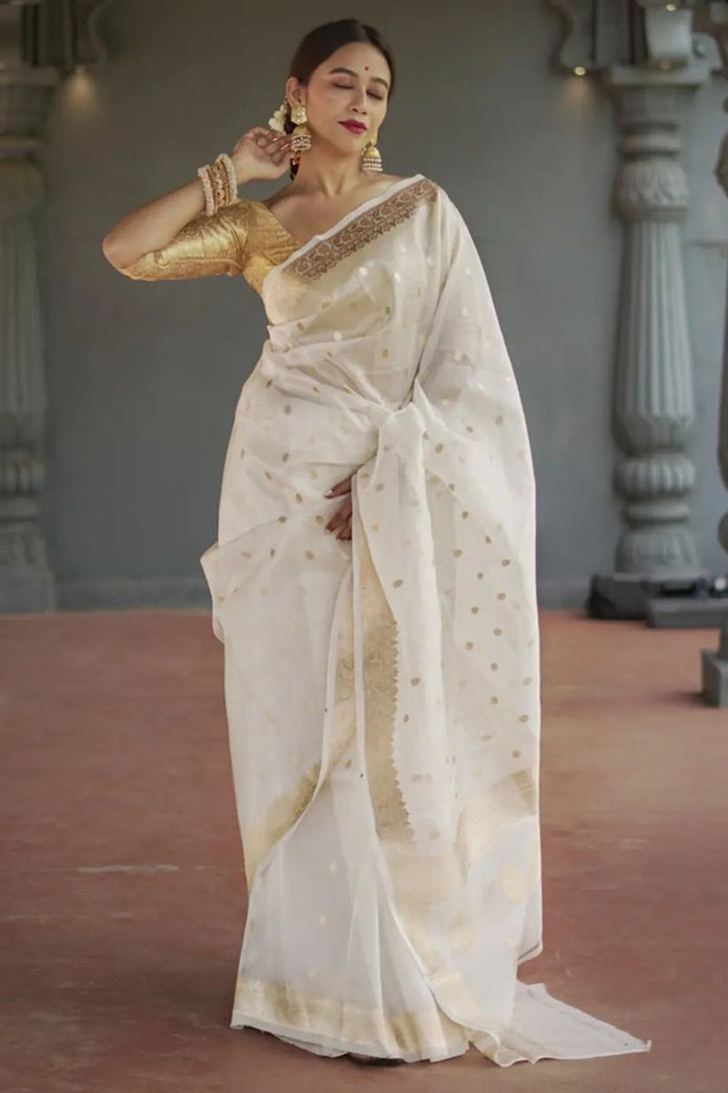 Admirable Off White  Linen Silk Saree With Sumptuous Blouse Piece