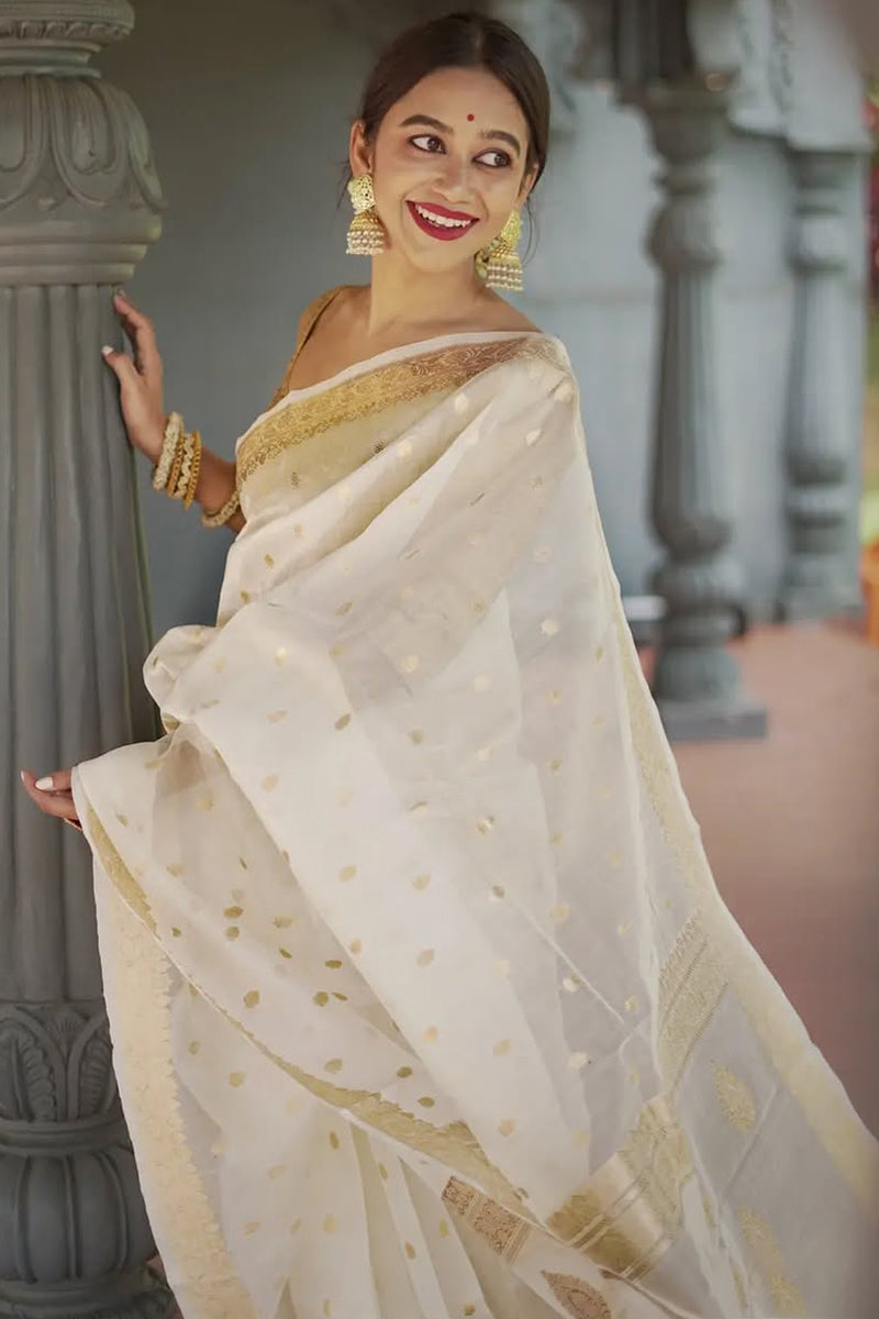 Admirable Off White  Linen Silk Saree With Sumptuous Blouse Piece