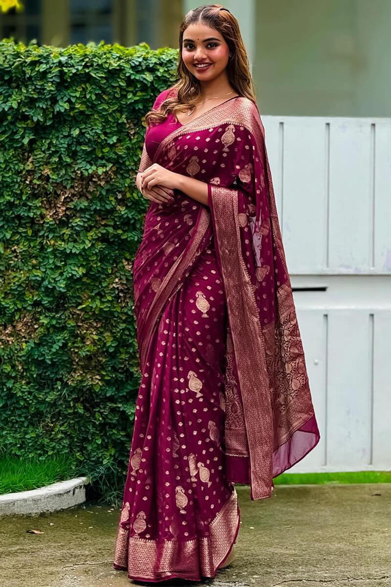 Attractive Wine Soft Silk Saree With Sizzling Blouse Piece