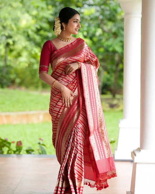 Panoply Red Soft Silk Saree With Dissemble Blouse Piece