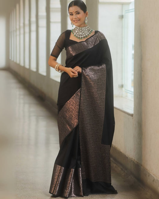 Ailurophile Black Soft Silk Saree With Desultory Blouse Piece