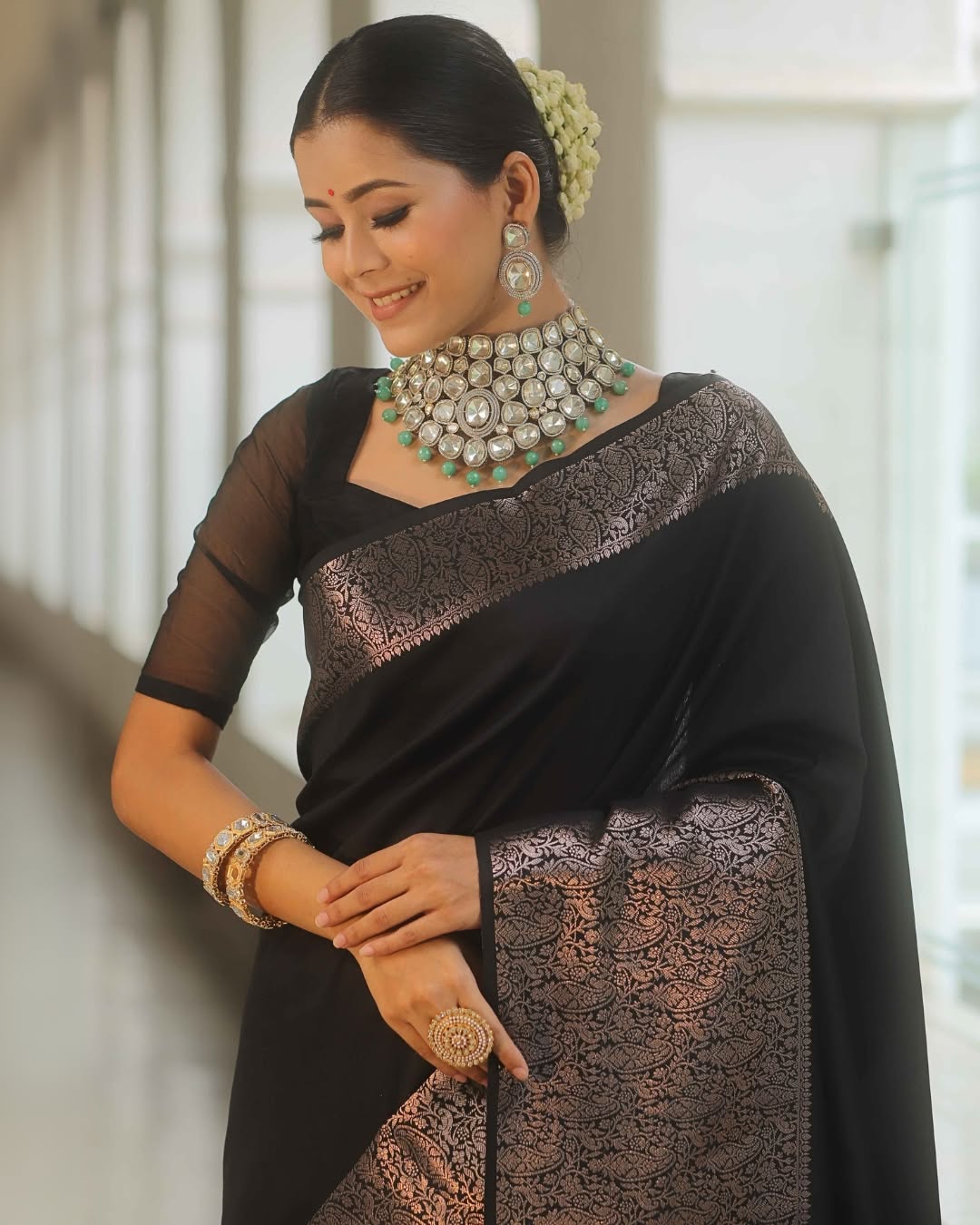 Ailurophile Black Soft Silk Saree With Desultory Blouse Piece