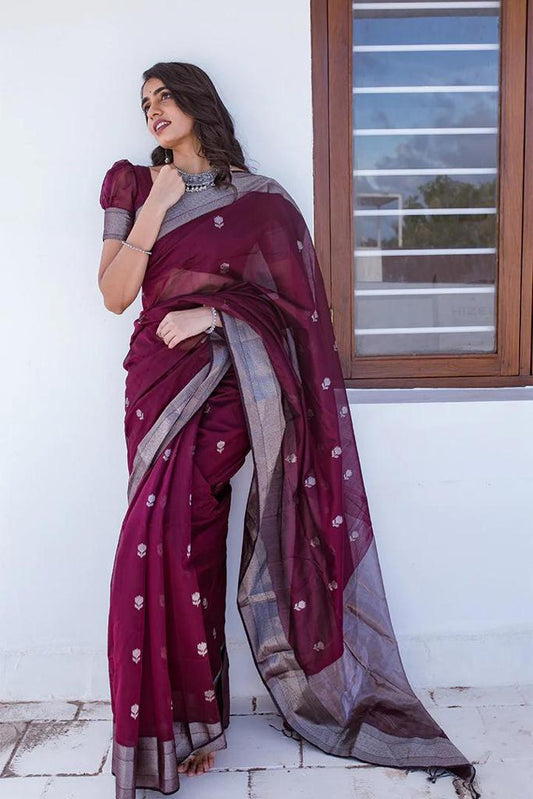 Extraordinary Wine Cotton Silk Saree With Precious Blouse Piece