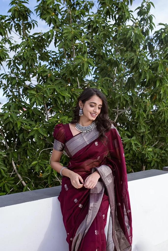 Extraordinary Wine Cotton Silk Saree With Precious Blouse Piece