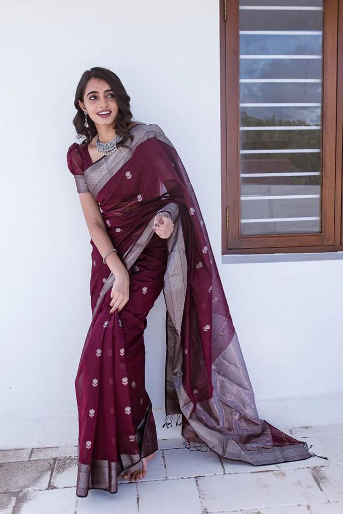 Extraordinary Wine Cotton Silk Saree With Precious Blouse Piece