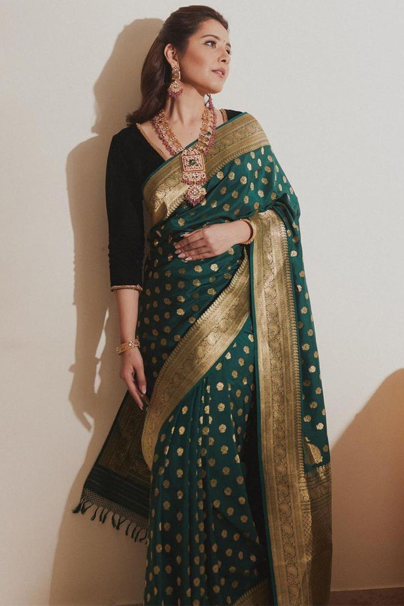 Attractive Dark Green Soft Silk Saree With Precious Blouse Piece