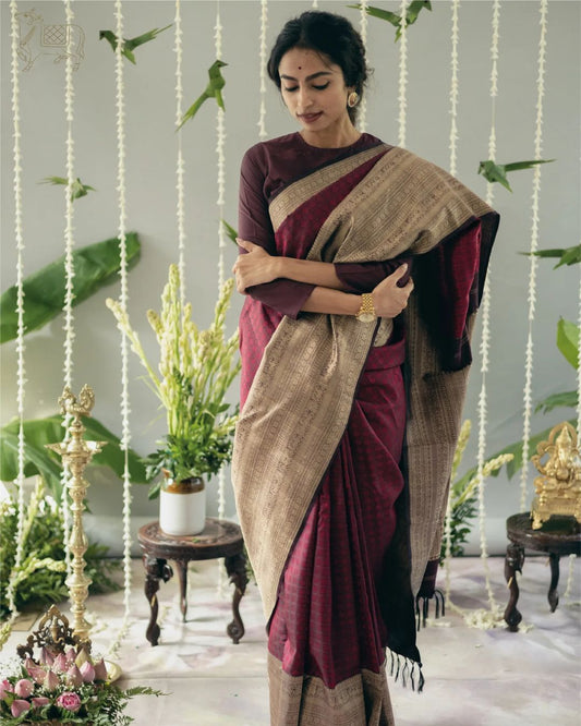 Beautiful Wine Soft Silk Saree With Precious Blouse Piece