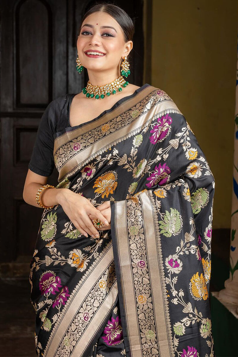 Admirable Black Soft Silk Saree With Assemblage Blouse Piece