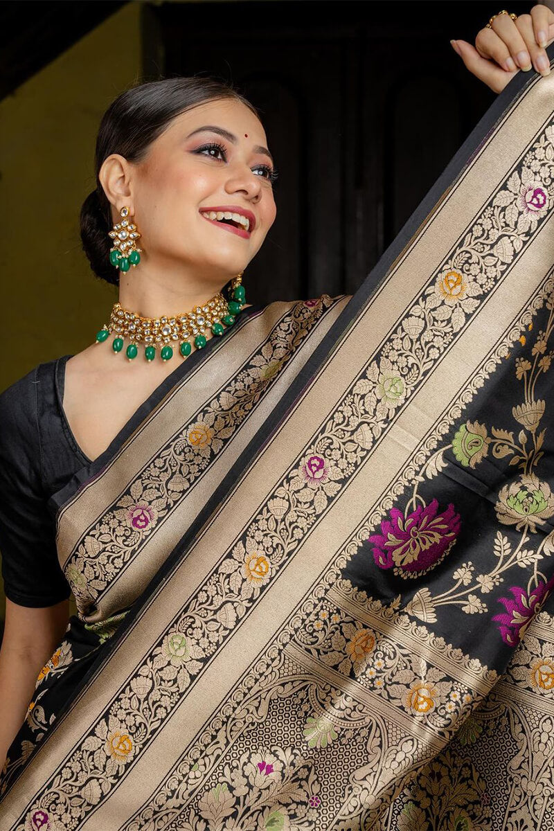 Admirable Black Soft Silk Saree With Assemblage Blouse Piece