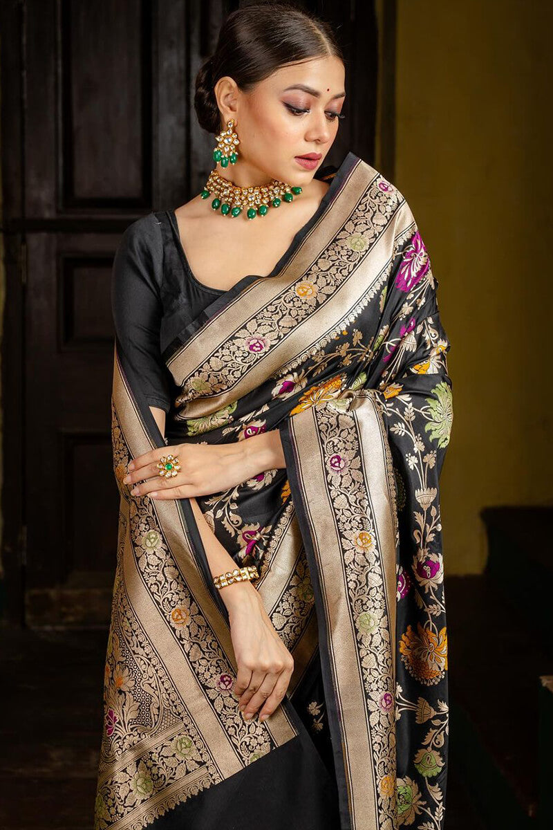 Admirable Black Soft Silk Saree With Assemblage Blouse Piece