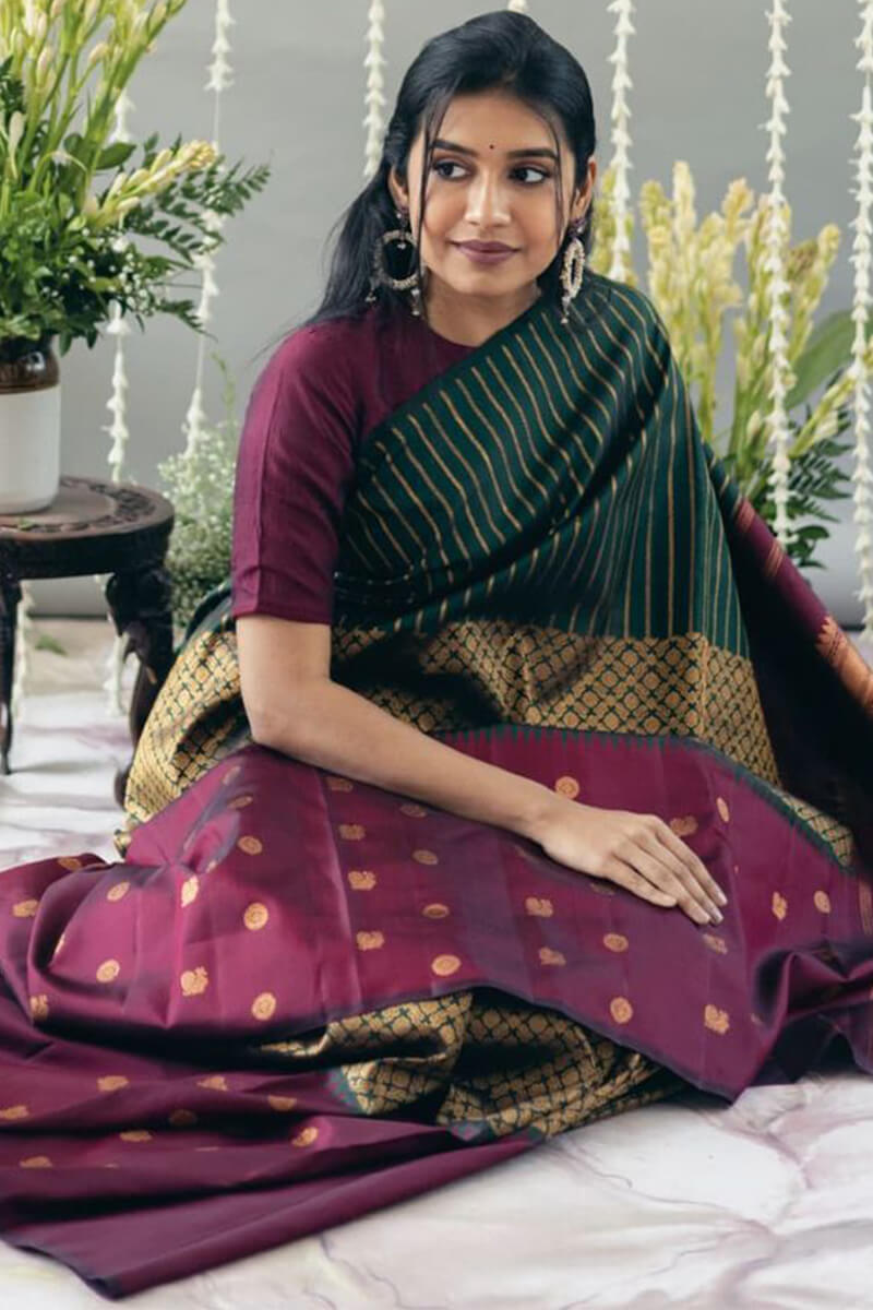 Gratifying Wine Soft Silk Saree With Imaginative Blouse Pieced