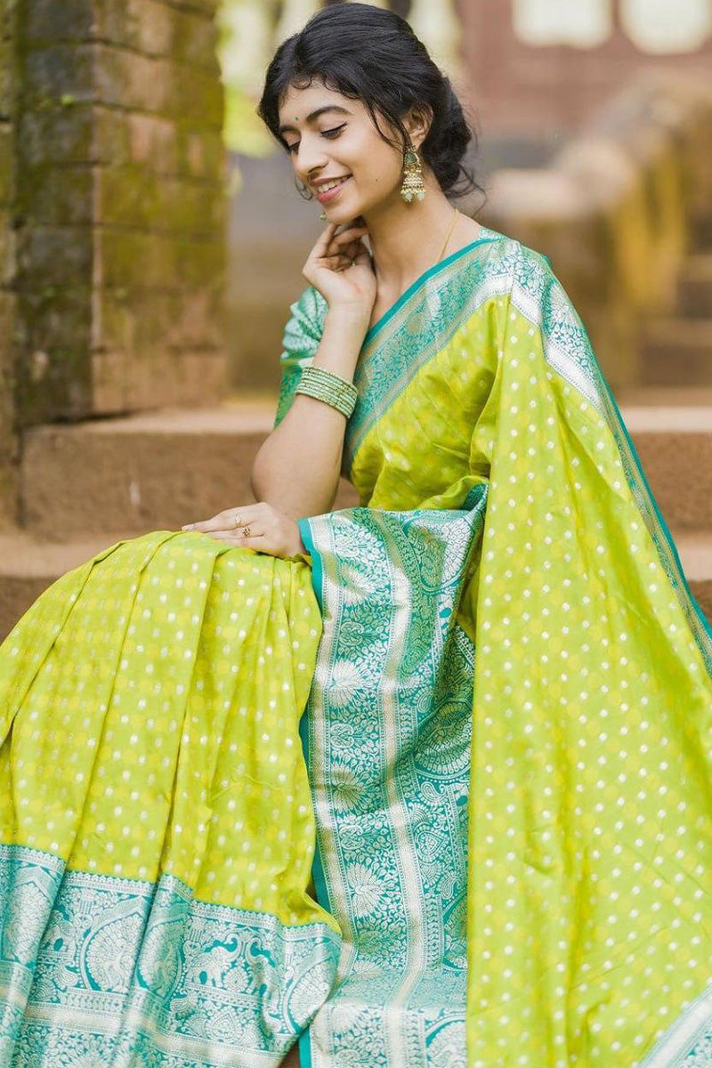 Gratifying Parrot Soft Silk Saree With Elegant Blouse Piece