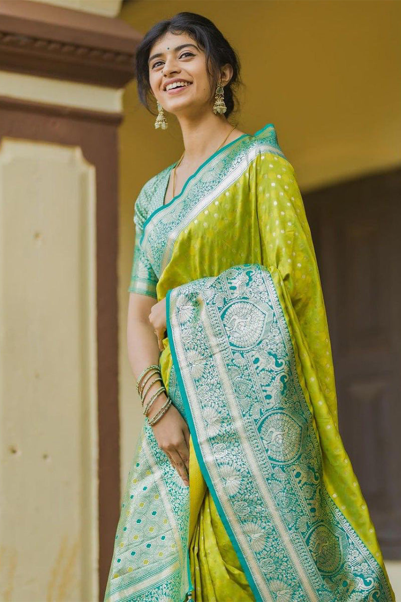 Gratifying Parrot Soft Silk Saree With Elegant Blouse Piece