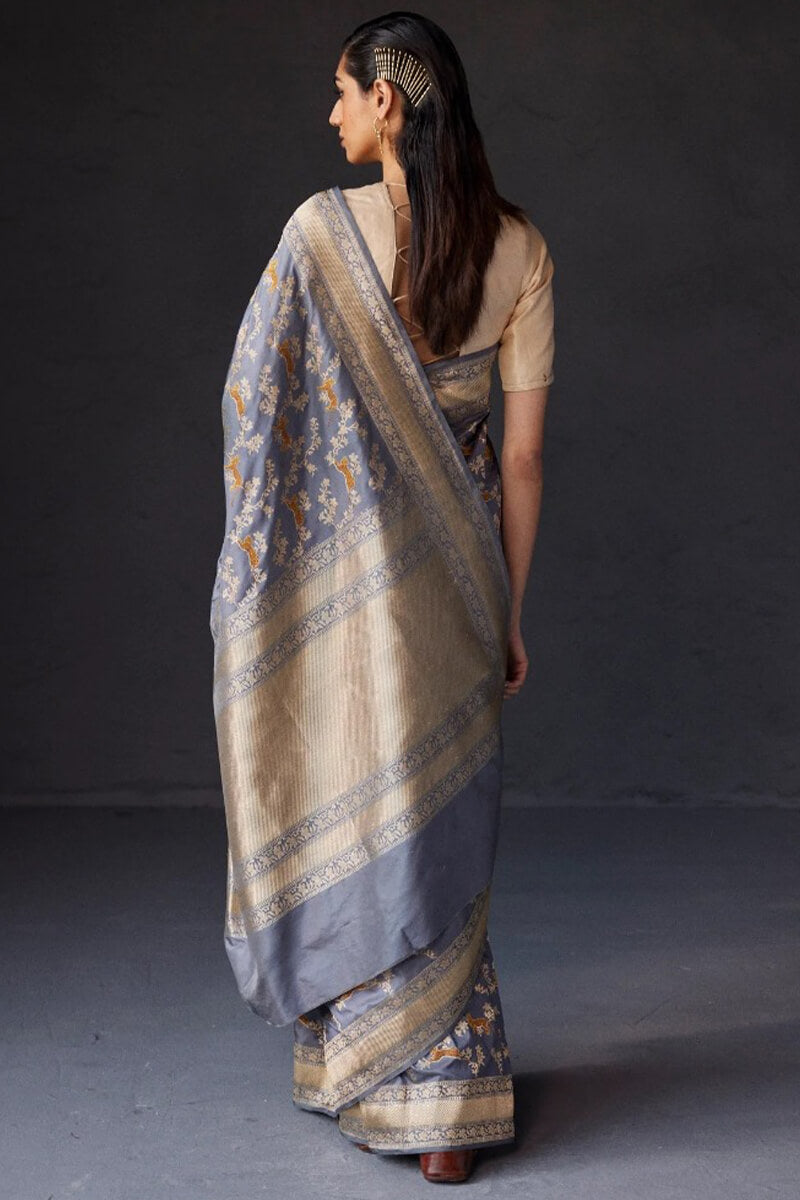 Admirable Grey Soft Silk Saree With Denouement Blouse Piece