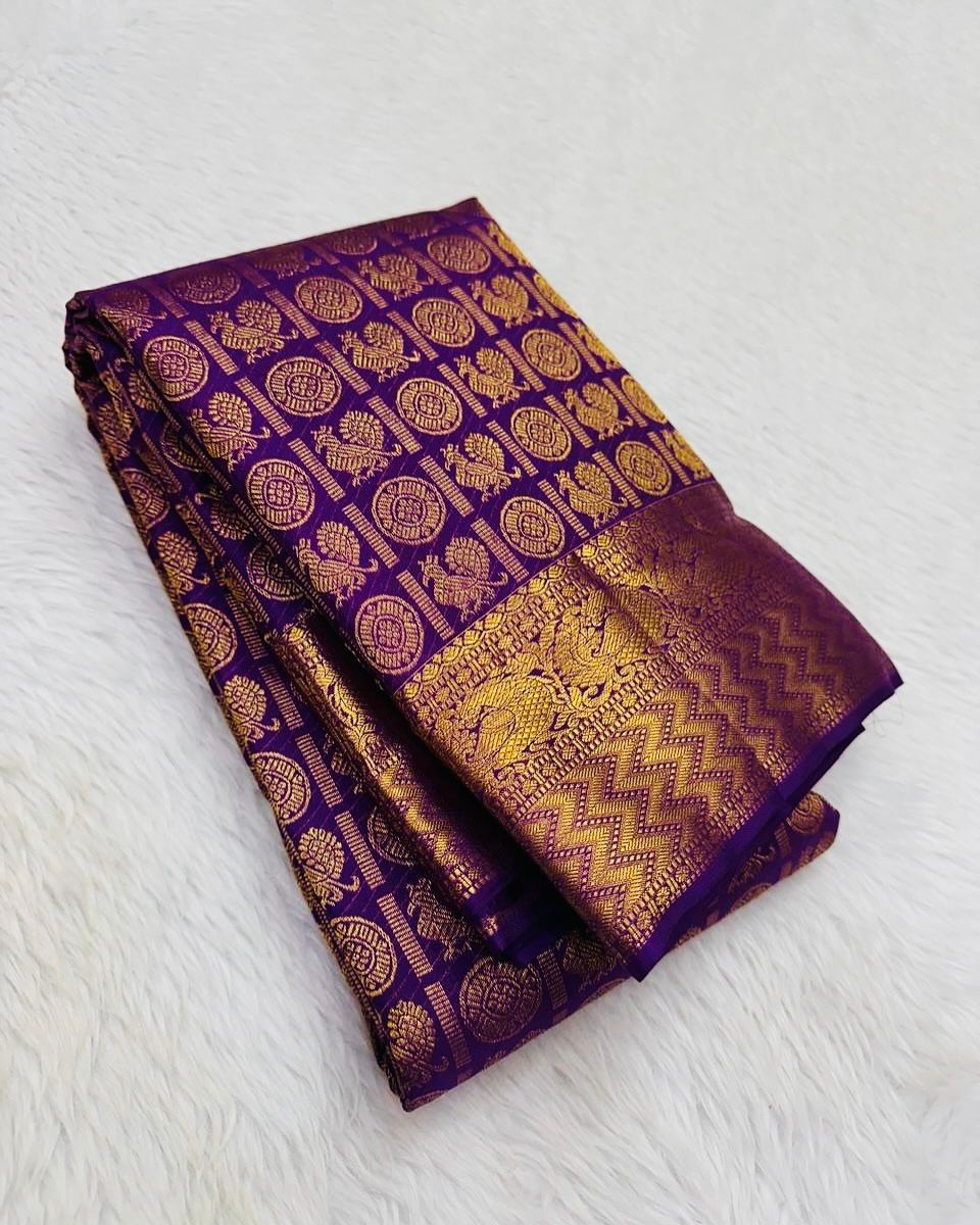 Designer Purple Soft Banarasi Silk Saree With Groovy Blouse Piece