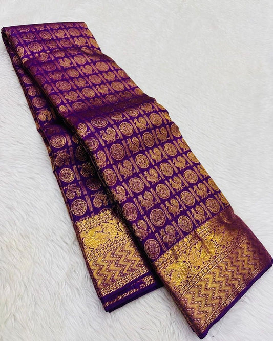 Designer Purple Soft Banarasi Silk Saree With Groovy Blouse Piece