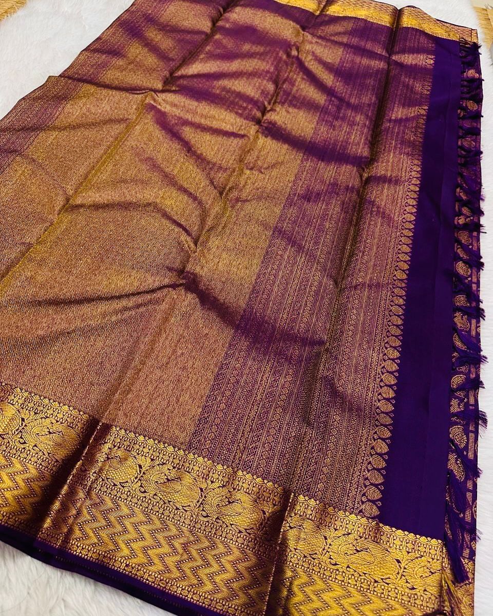 Designer Purple Soft Banarasi Silk Saree With Groovy Blouse Piece