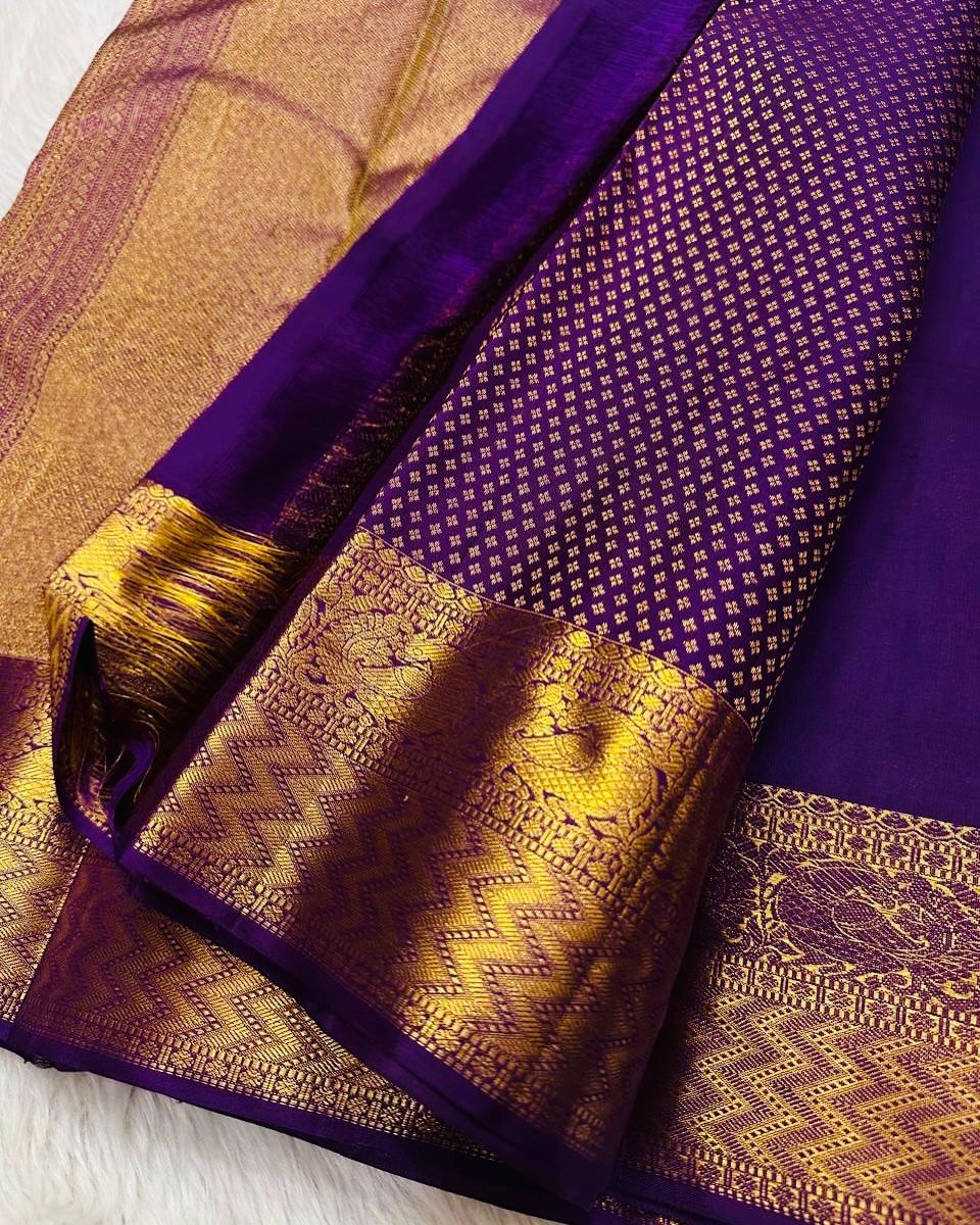 Designer Purple Soft Banarasi Silk Saree With Groovy Blouse Piece