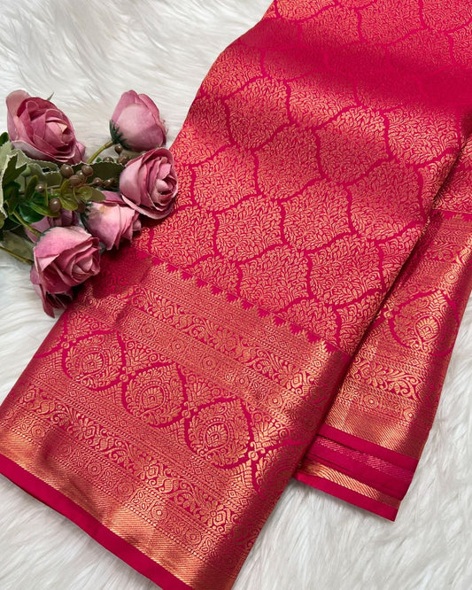 Grandiose Dark Pink Soft Banarasi Silk Saree With Nebula Blouse Piece