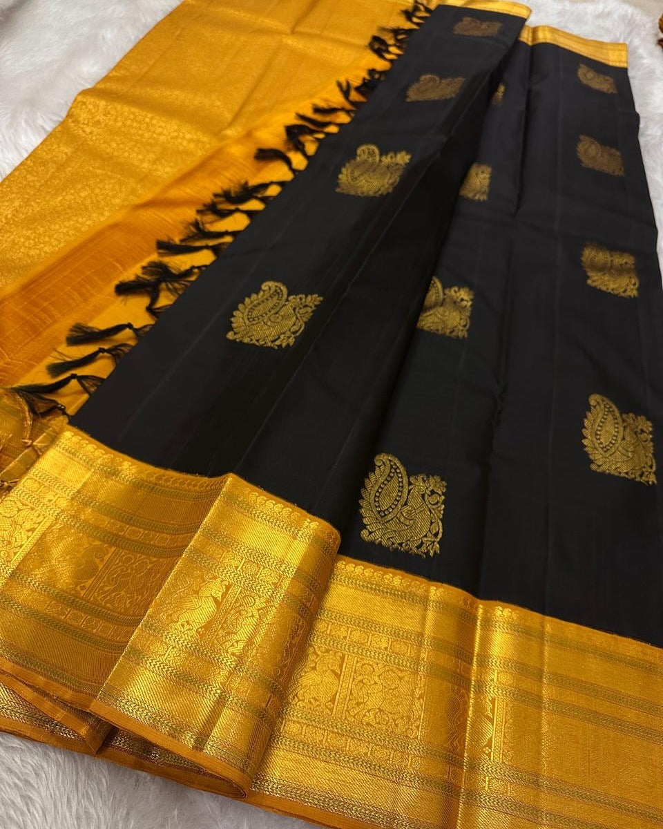 Beguiling Black Soft Silk Saree With Ethereal Blouse Piece