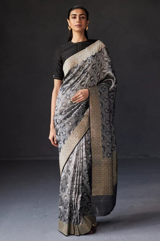 Adorning Black Soft Silk Saree With Prettiest Blouse Piece