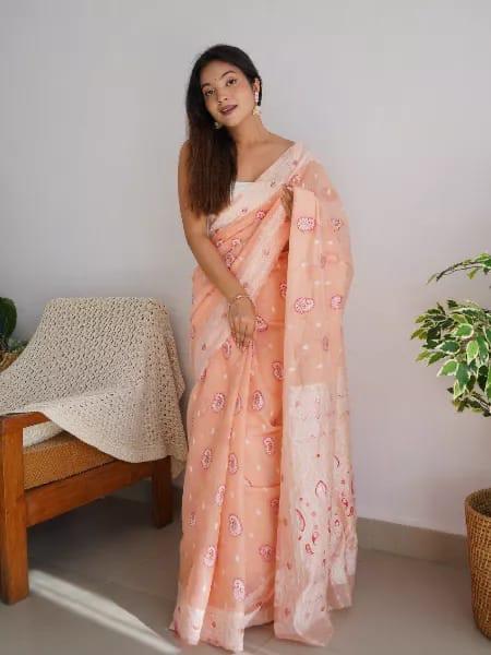 Extraordinary Peach Cotton Silk Saree With Lovely Blouse Piece