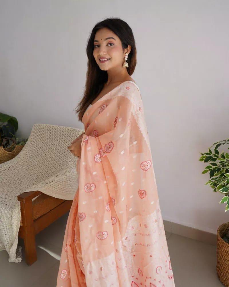 Gossamer Peach Cotton Silk Saree With Palimpsest Blouse Piece