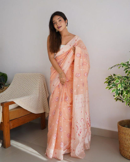 Extraordinary Peach Cotton Silk Saree With Lovely Blouse Piece