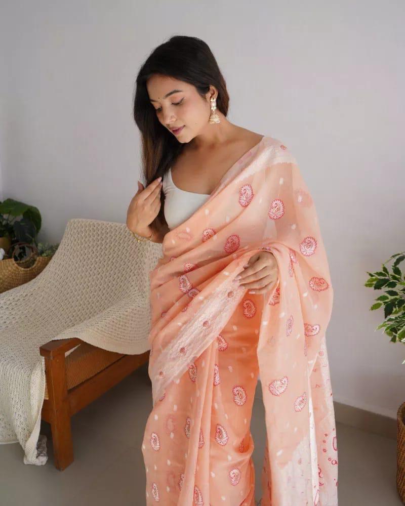 Extraordinary Peach Cotton Silk Saree With Lovely Blouse Piece