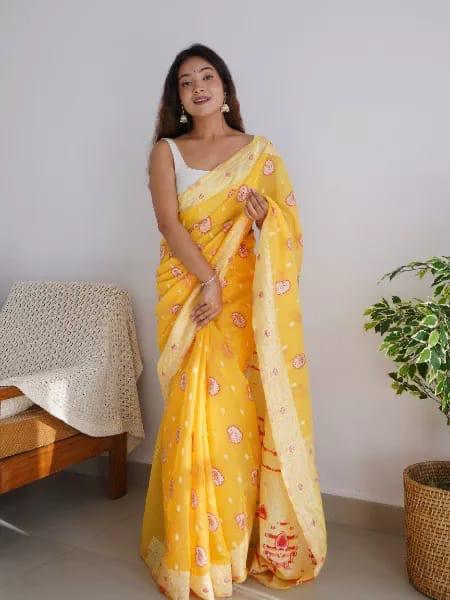 Exuberant Yellow Cotton Silk Saree With Incomparable Blouse Piece