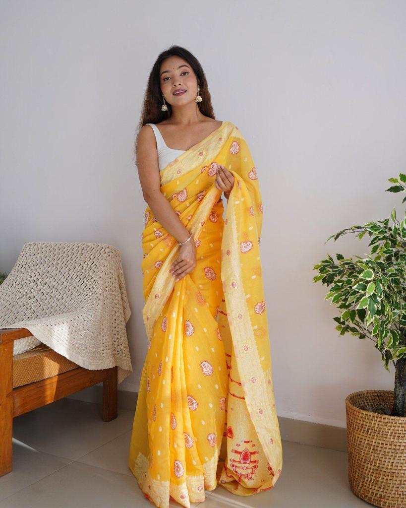 Exuberant Yellow Cotton Silk Saree With Incomparable Blouse Piece