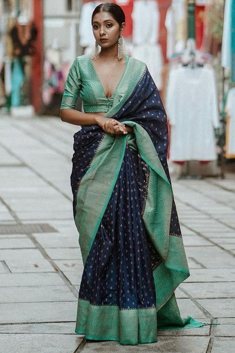 Beautiful Navy Blue Soft Silk Saree With Hypnotic Blouse Piece