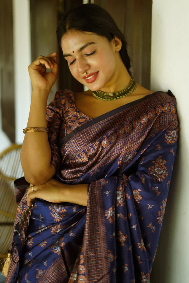 Alluring Blue Soft Silk Saree With Extraordinary Blouse Piece