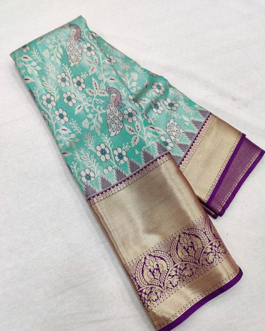 Exquisite Turquoise Soft Silk Saree With Scrumptious Blouse Piece