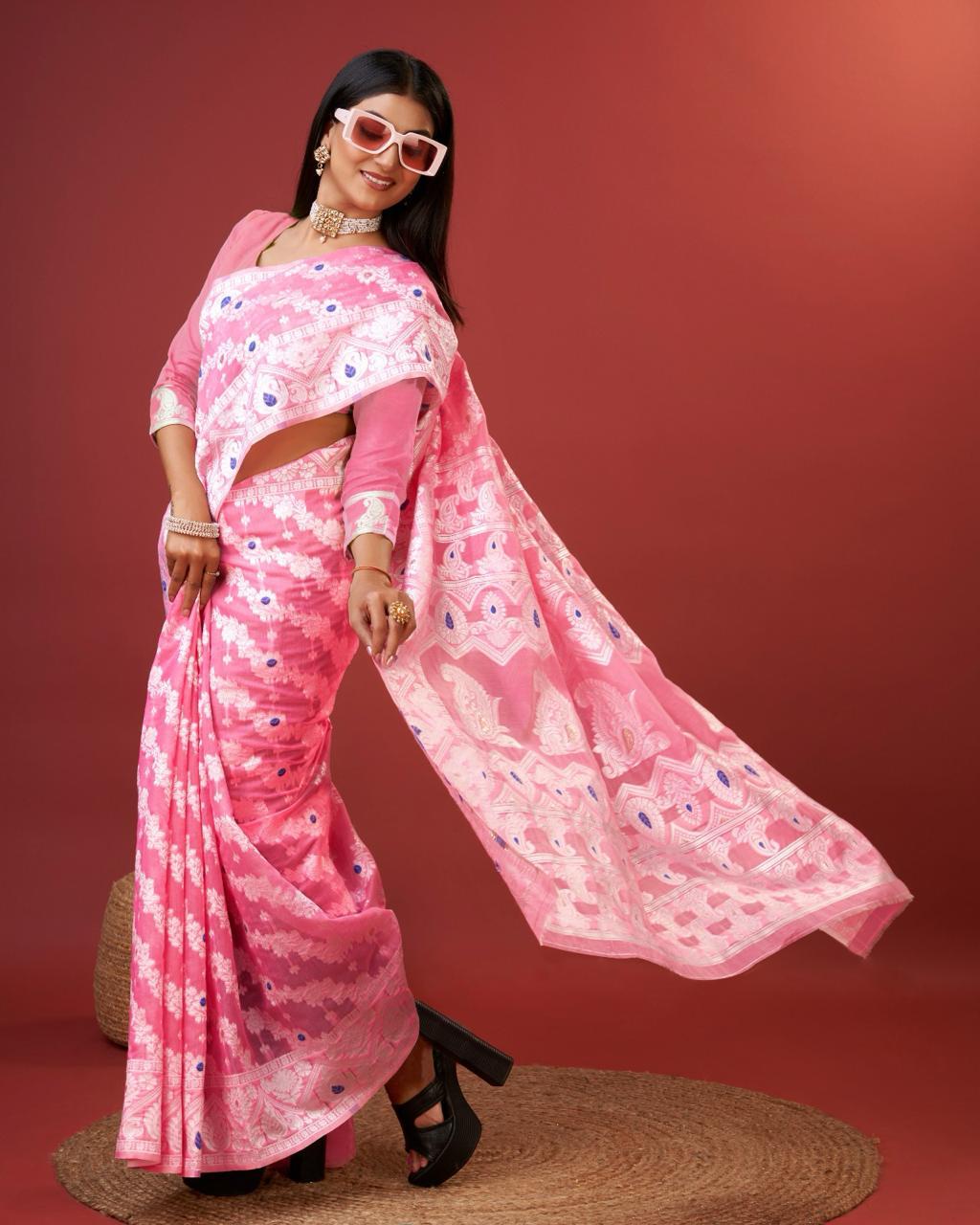 Adorning Pink Cotton Silk Saree With Opulent Blouse Piece