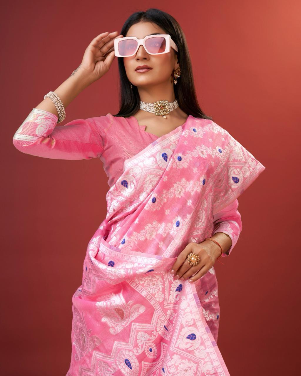 Adorning Pink Cotton Silk Saree With Opulent Blouse Piece