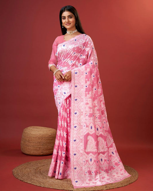 Adorning Pink Cotton Silk Saree With Opulent Blouse Piece